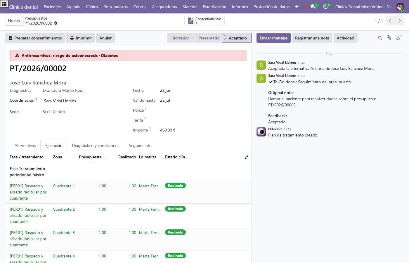 Plan de tratamiento y presupuesto dental por fases en Odoo