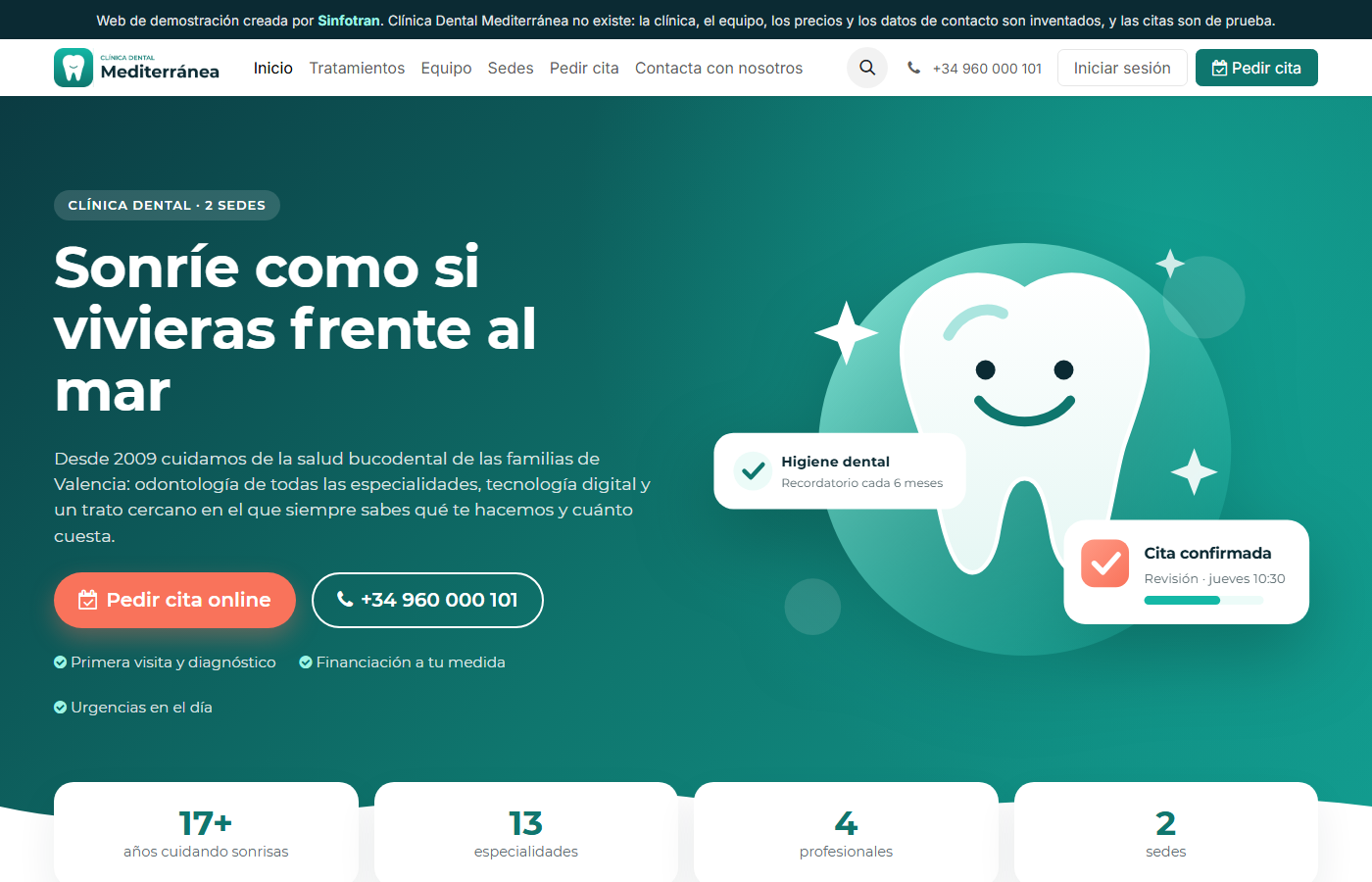 Portal web público de Clínica Dental Mediterránea con cita previa online integrada con la agenda de Odoo
