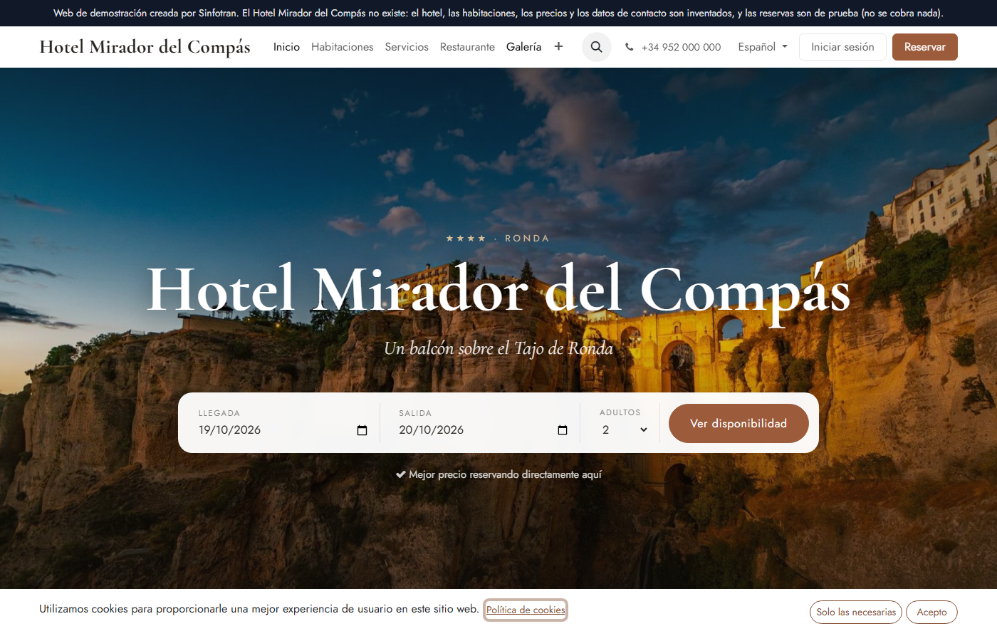 Web y motor de reservas directo de nuestra demo Hotel Mirador del Compás en demohotel.sinfotran.es
