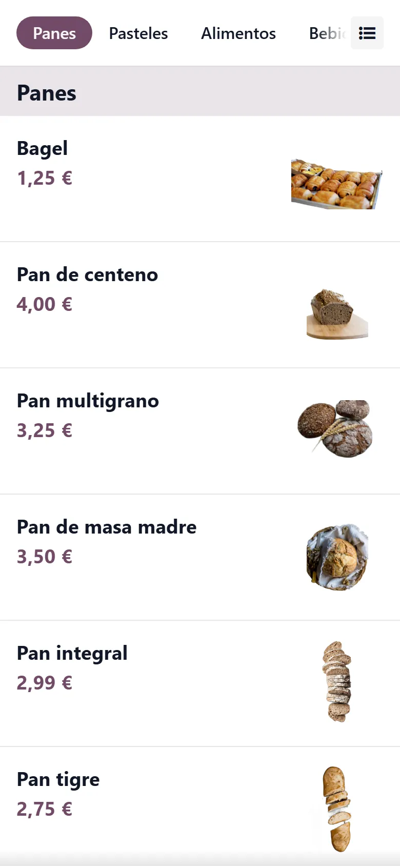 La carta en el teléfono del cliente, con foto y precio de cada cosa.