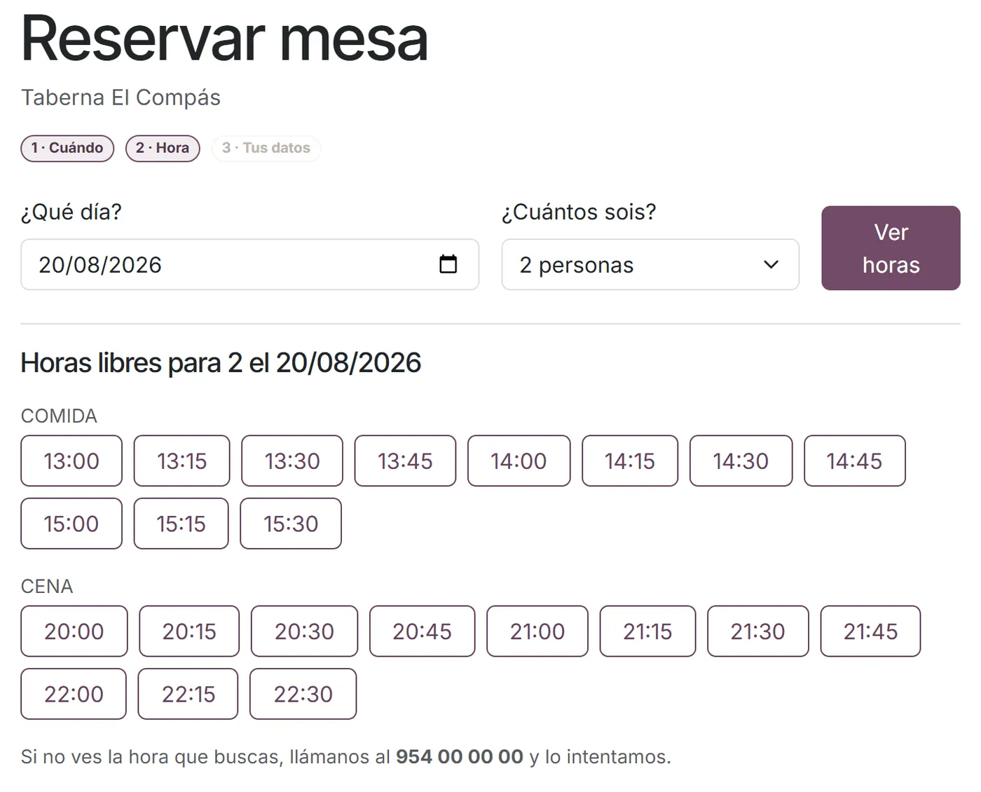 Paso 2: solo se ofrecen las horas con mesa libre de verdad para ese número de personas.