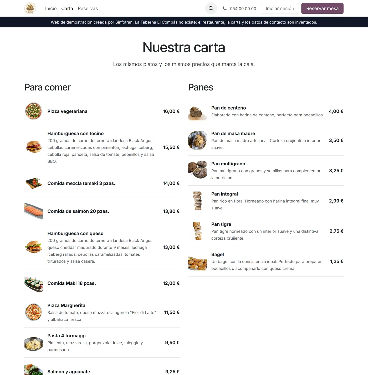 La carta de la web, generada con los productos y los precios del punto de venta.