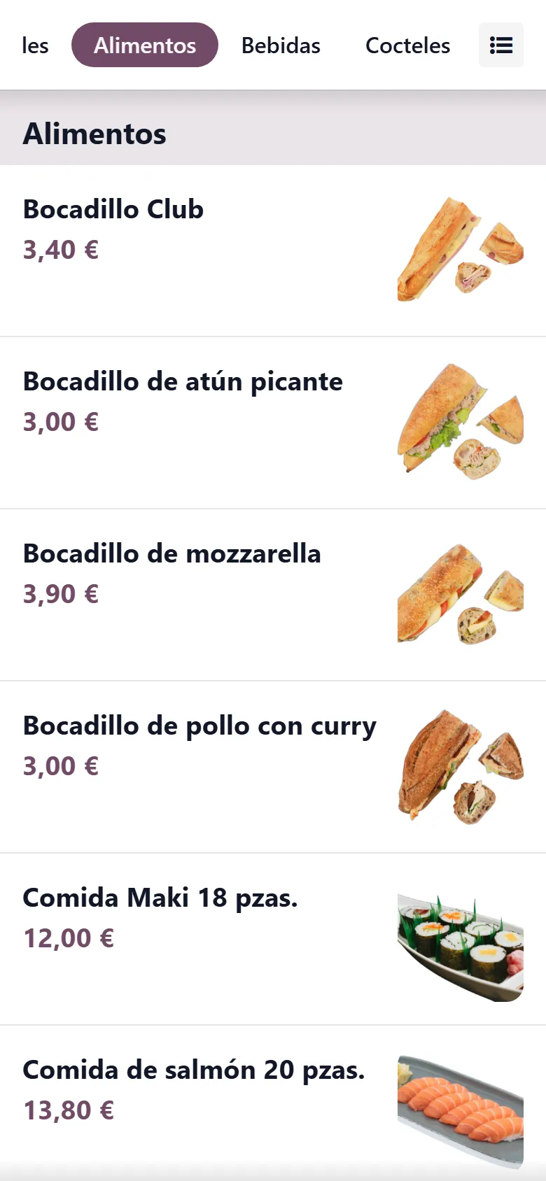 Cambia de familia con un toque y ve los platos de esa sección.